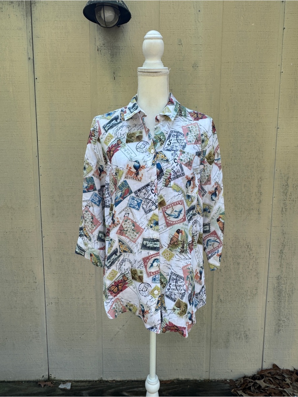 Chico's White Button-Up Shirt with Multicolor Postage Stamp Print